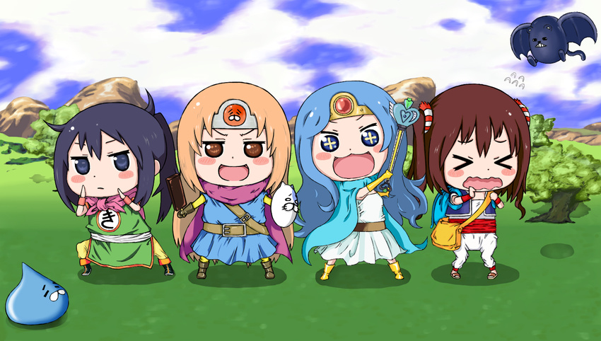 &gt;_&lt; 4girls :3 :d aqua_hair black_eyes black_hair blonde_hair blue_eyes blush_stickers boots brown_eyes brown_hair cape chibi circlet cosplay day doma_umaru dragon_quest dragon_quest_iii ebina_nana fighter_(dq3) fighter_(dq3)_(cosplay) flying_sweatdrops food fuefukipiyohiko gloves himouto!_umaru-chan looking_at_viewer mage merchant_(dq3) merchant_(dq3)_(cosplay) monk motoba_kirie multiple_girls open_mouth outdoors parody popsicle roto roto_(cosplay) sage_(dq3) sage_(dq3)_(cosplay) serious shield slime_(dragon_quest) smile tachibana_sylphynford tree twintails v-shaped_eyebrows wavy_mouth