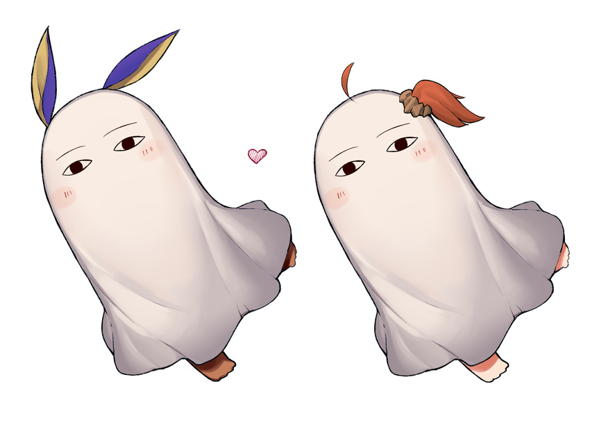 &lt;o&gt;_&lt;o&gt; ahoge blanket blush blush_stickers cosplay dark_skin fate/grand_order fate_(series) fujimaru_ritsuka_(female) heart highres jitome katsudansou looking_at_viewer medjed medjed_(cosplay) multiple_girls nitocris_(fate/grand_order) nitocris_(swimsuit_assassin)_(fate) red_hair side_ponytail transparent_background