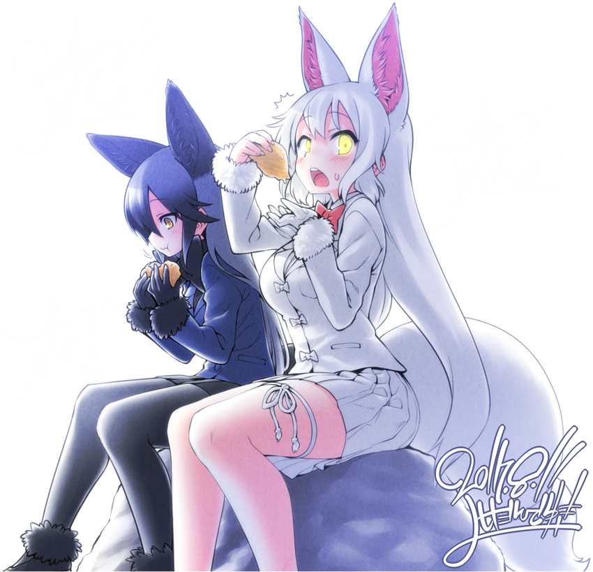 2017 2girls :t animal_ears black_bow black_gloves black_legwear black_neckwear black_skirt blazer blush bow bowtie breasts closed_mouth commentary dated eating eyebrows_visible_through_hair food fox_ears fox_tail from_side fur_trim gloves hair_between_eyes holding holding_food inarizushi jacket kemono_friends large_breasts long_hair long_sleeves multiple_girls number oinari-sama_(kemono_friends) pantyhose pleated_skirt red_bow rock silver_fox_(kemono_friends) silver_hair single_glove sitting skirt sushi sweatdrop tail very_long_hair wavy_mouth white_background white_gloves white_hair white_skirt yellow_eyes yoshida_hideyuki