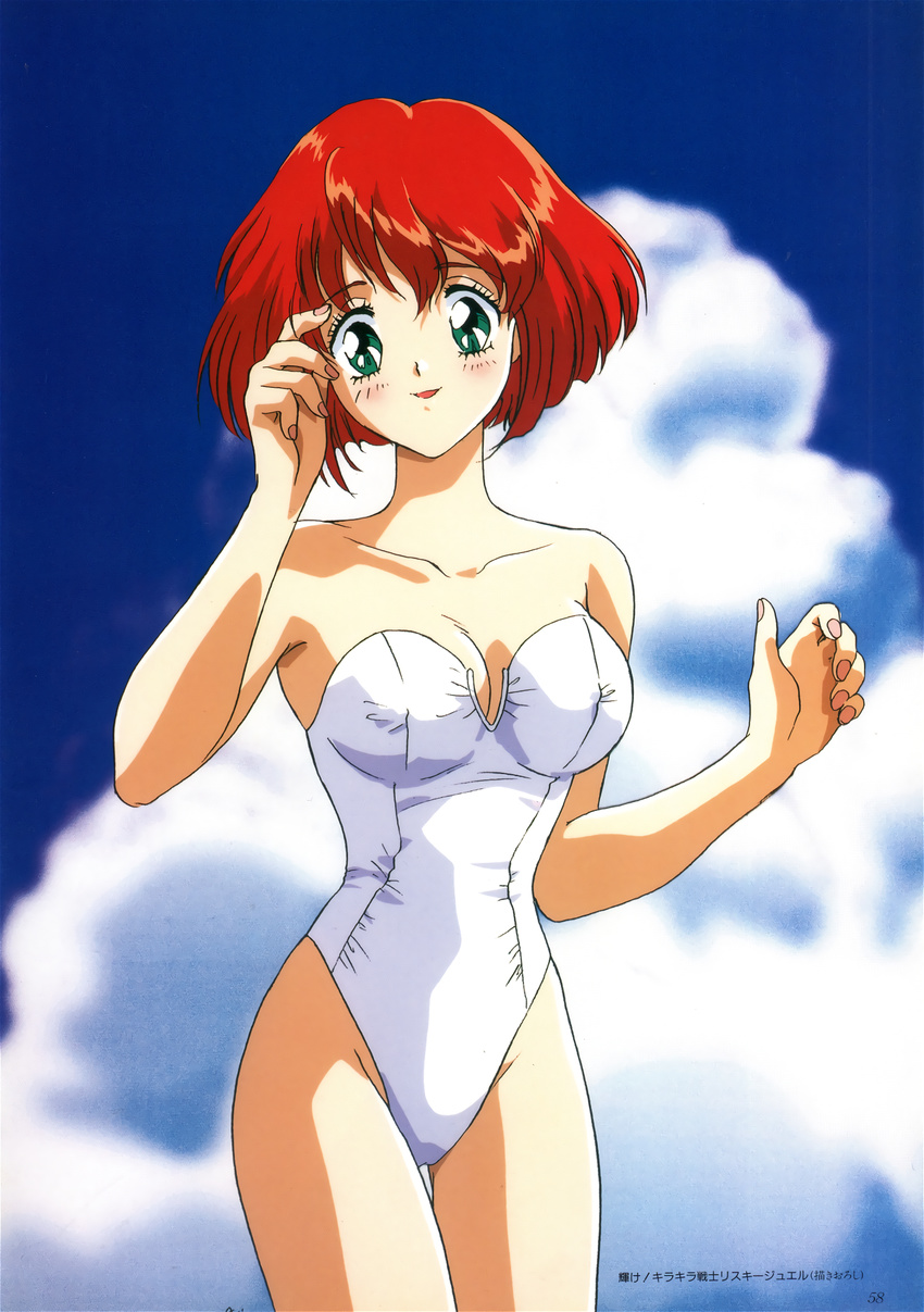 bare_shoulders blush breasts cleavage cloud cowboy_shot day hand_on_own_face highres looking_at_viewer medium_breasts one-piece_swimsuit open_mouth original page_number red_eyes red_hair short_hair sky solo strapless strapless_swimsuit swimsuit tadano_kazuko white_swimsuit