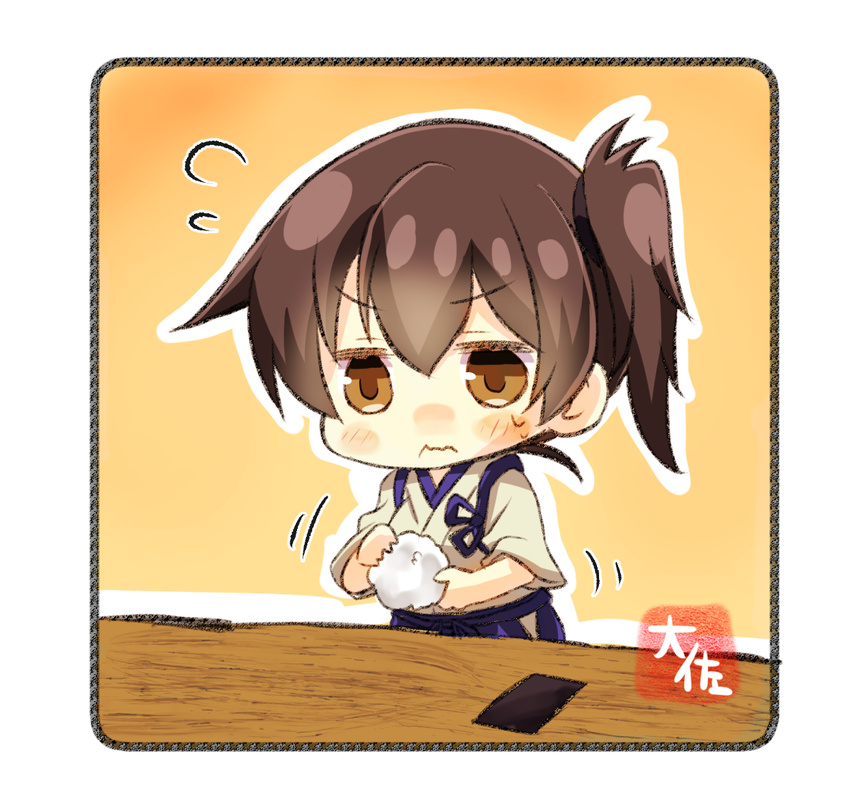 3: artist_name blue_hakama blush_stickers brown_eyes brown_hair chibi commentary_request flying_sweatdrops food hair_between_eyes hakama holding holding_food japanese_clothes kaga_(kantai_collection) kantai_collection motion_lines nori_(seaweed) outline rice short_hair side_ponytail solo sweat taisa_(kari) tasuki v-shaped_eyebrows wavy_mouth