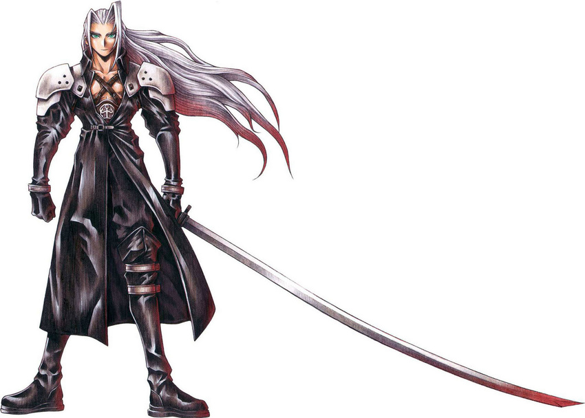 90s aqua_eyes boots final_fantasy final_fantasy_vii full_body grey_hair highres huge_weapon left-handed long_hair male_focus nomura_tetsuya official_art sephiroth simple_background solo standing sword weapon white_background