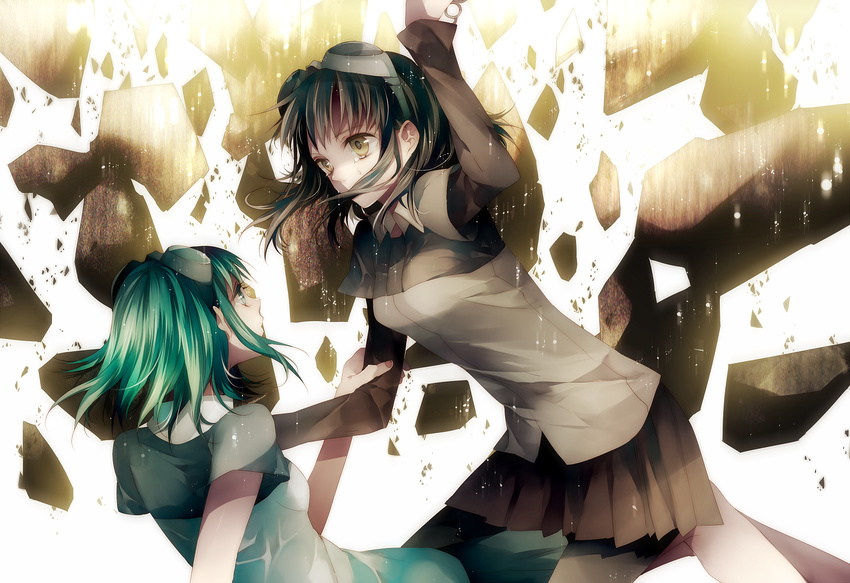 bad_id bad_pixiv_id brown_eyes brown_hair dual_persona goggles goggles_on_head green_eyes green_hair gumi highres mosaic_roll_(vocaloid) multiple_girls pantyhose skirt tears tsukioka_tsukiho vocaloid