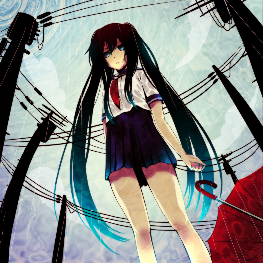 black_hair blue_eyes distortion empty_eyes from_below gradient_hair hatsune_miku highres long_hair multicolored_hair neckerchief nekoame pleated_skirt power_lines rain school_uniform serafuku skirt solo telephone_pole transformer twintails umbrella very_long_hair vocaloid