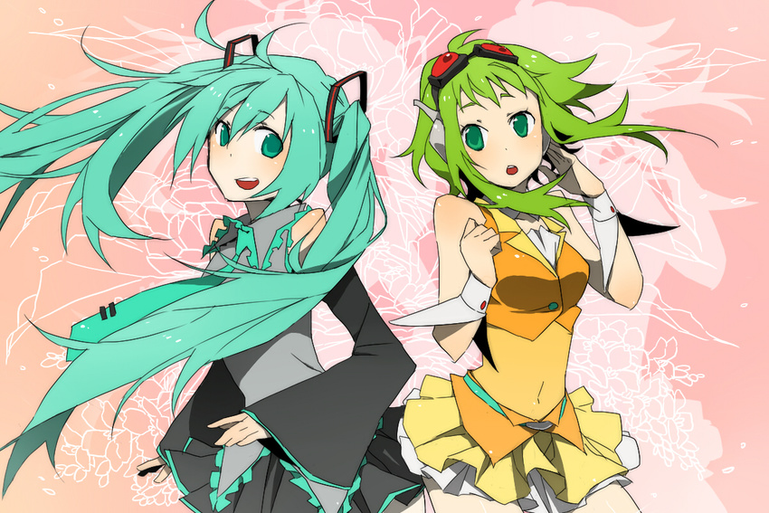 ahoge aqua_eyes aqua_hair catgirl0926 detached_sleeves goggles goggles_on_head green_eyes green_hair gumi hatsune_miku long_hair multiple_girls necktie short_hair skirt smile twintails vocaloid wrist_cuffs