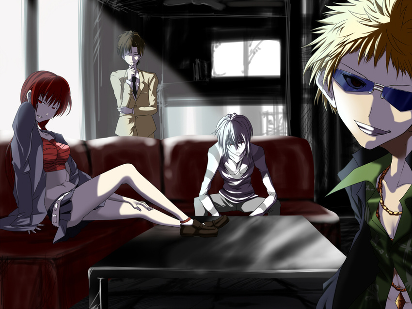 3boys accelerator albino blonde_hair bloody_moon brown_hair etzali multiple_boys musujime_awaki red_hair skirt sunglasses to_aru_majutsu_no_index tsuchimikado_motoharu unabara_mitsuki white_hair