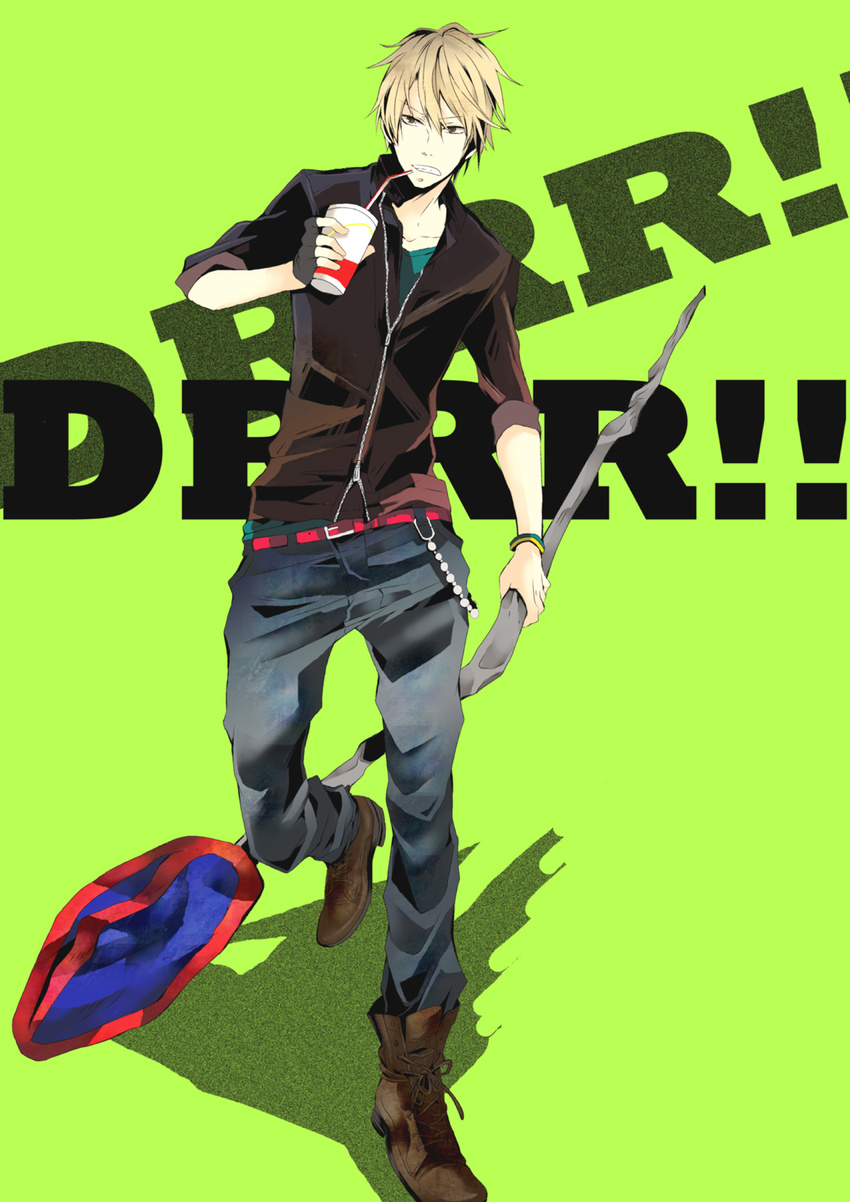 alternate_costume bad_id bad_pixiv_id belt blonde_hair brown_eyes drink drinking_straw durarara!! fingerless_gloves gloves heiwajima_shizuo highres male_focus melo road_sign sign simple_background solo