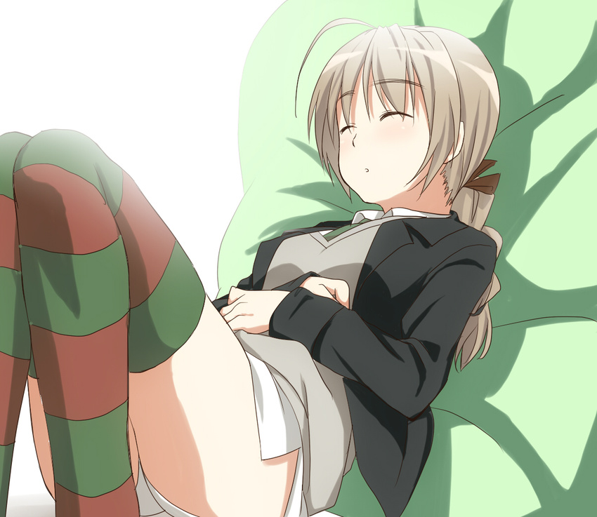 braid face lynette_bishop military military_uniform multicolored multicolored_clothes multicolored_legwear panties piiko_(aa_doushiyou) silver_hair single_braid sleeping solo strike_witches striped striped_legwear thighhighs underwear uniform world_witches_series