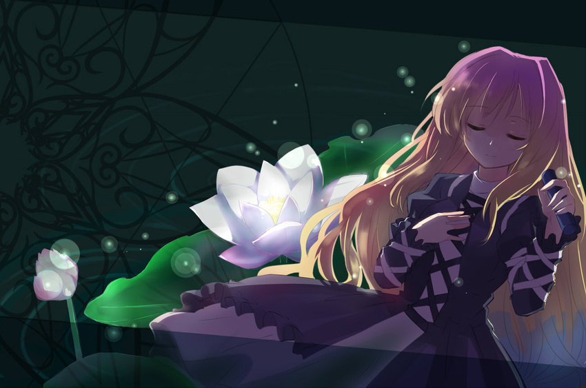 brown_hair closed_eyes dress flower gochou_(atemonai_heya) gradient_hair hand_on_own_chest hijiri_byakuren jpeg_artifacts long_hair lotus multicolored_hair purple_hair smile solo touhou