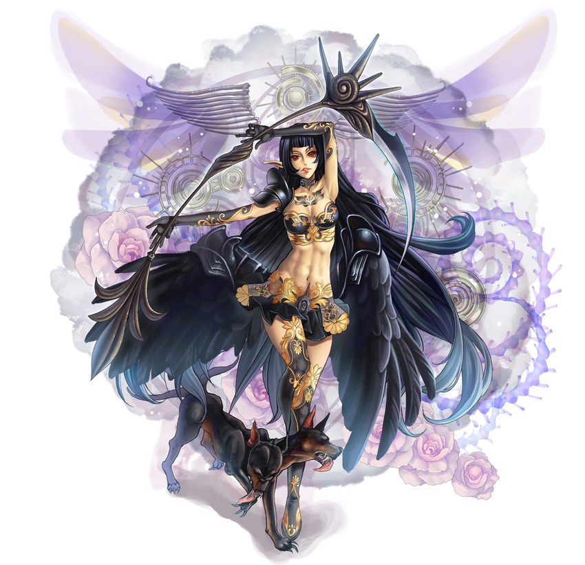 abs black_hair black_wings boots breasts brown_eyes cleavage dog elbow_gloves elf gloves highres legs long_hair medium_breasts midriff navel original pointy_ears scythe solo tamarashi tattoo thigh_boots thighhighs very_long_hair weapon wings