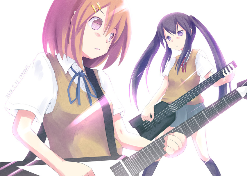 bass_guitar black_hair brown_eyes brown_hair guitar highres hirasawa_yui instrument k-on! kazuboh long_hair multiple_girls nakano_azusa red_eyes short_hair steinberger twintails