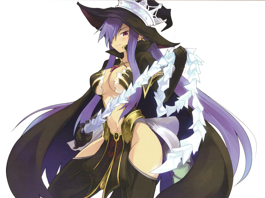 absurdres blue_hair breasts cleavage crown earrings fatima_(luminous_arc) hair_over_one_eye hat highres jewelry large_breasts legs long_hair luminous_arc luminous_arc_2 midriff official_art shibano_kaito smirk solo thighhighs thighs whip witch witch_hat