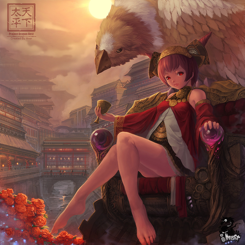 aner_(qqan00) architecture barefoot chinese cityscape cup dragon_nest east_asian_architecture feet flower griffin hat highres jewelry legs red_eyes river rose short_hair sitting throne