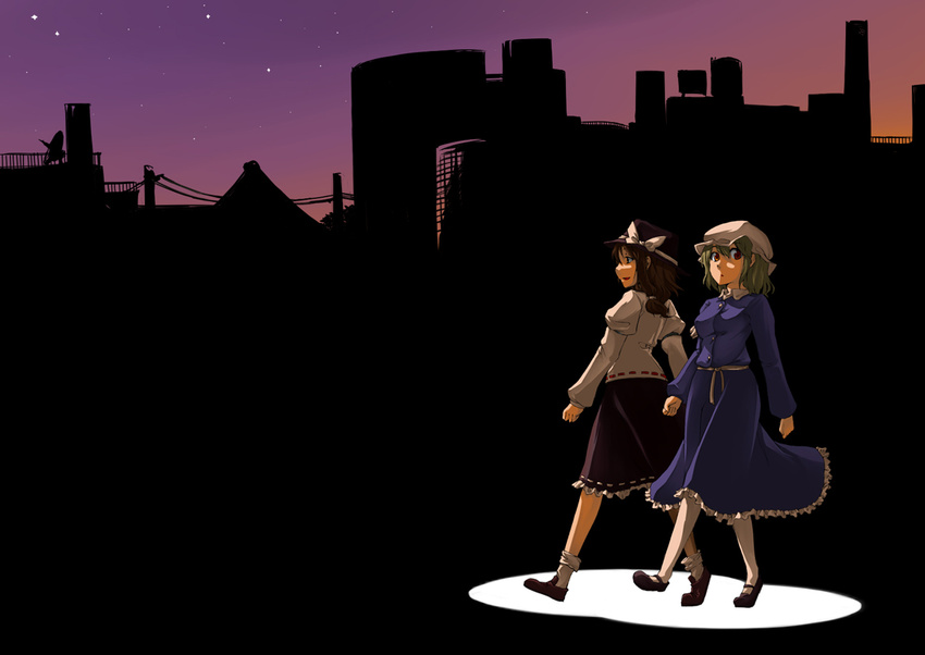 black_hair blonde_hair dress elking fedora full_body ghostly_field_club hat hat_ribbon jinkou_no_kuma long_sleeves maribel_hearn mob_cap multiple_girls purple_dress ribbon short_hair silhouette touhou usami_renko