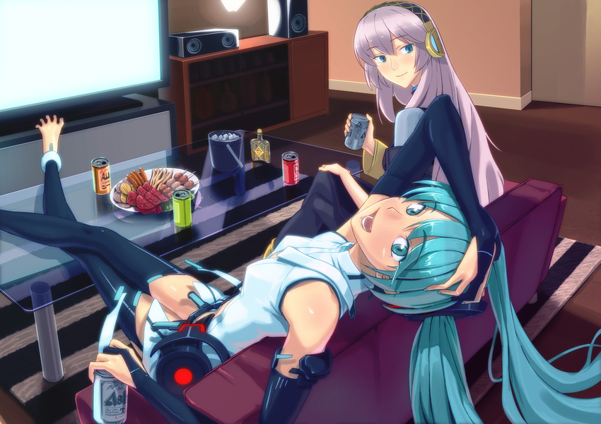 absurdres alcohol bad_feet bad_id bad_pixiv_id barefoot beer blush drink face foreshortening hand_on_head hatsune_miku hatsune_miku_(append) highres long_hair megurine_luka multiple_girls shiba_itsuki smile snack television vocaloid vocaloid_append