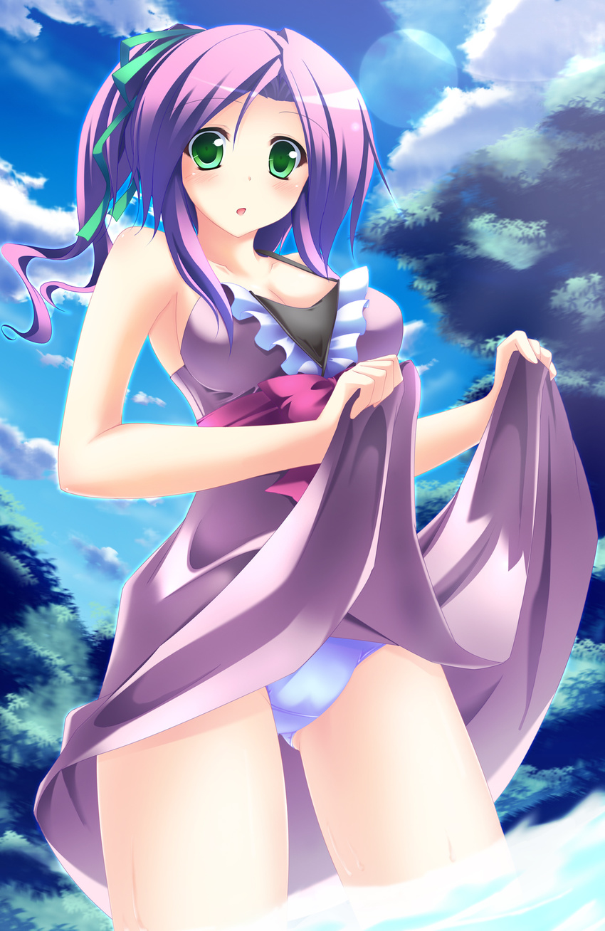 :o blue_panties blush bow breasts cleavage cloud day dress dress_lift green_eyes hair_ribbon highres lens_flare medium_breasts miyabi_itsuki open_mouth original panties purple_hair ribbon sky solo thighs underwear wading water