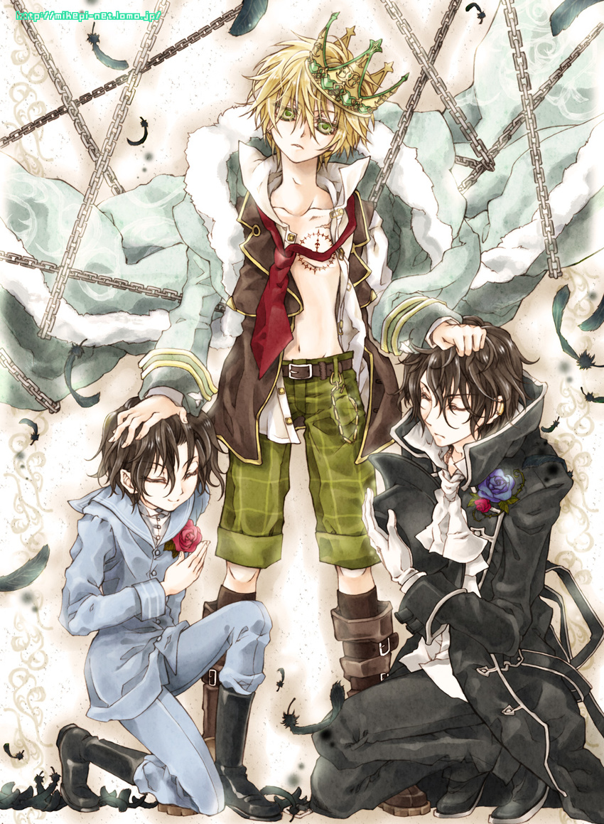 black_hair blonde_hair boots chain crown dual_persona feathers flower formal gilbert_nightray gloves green_eyes highres male_focus mikepi multiple_boys one_knee open_clothes oz_vessalius pandora_hearts rose smile standing time_paradox trench_coat