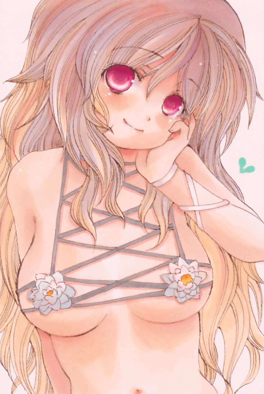 adapted_costume bikini blonde_hair blush breasts face flower gradient_hair grey_hair hand_on_own_cheek hand_on_own_face head_tilt highres hijiri_byakuren long_hair lotus marker_(medium) medium_breasts multicolored_hair navel nishina_masato purple_eyes red_eyes ribbon smile solo swimsuit touhou traditional_media upper_body