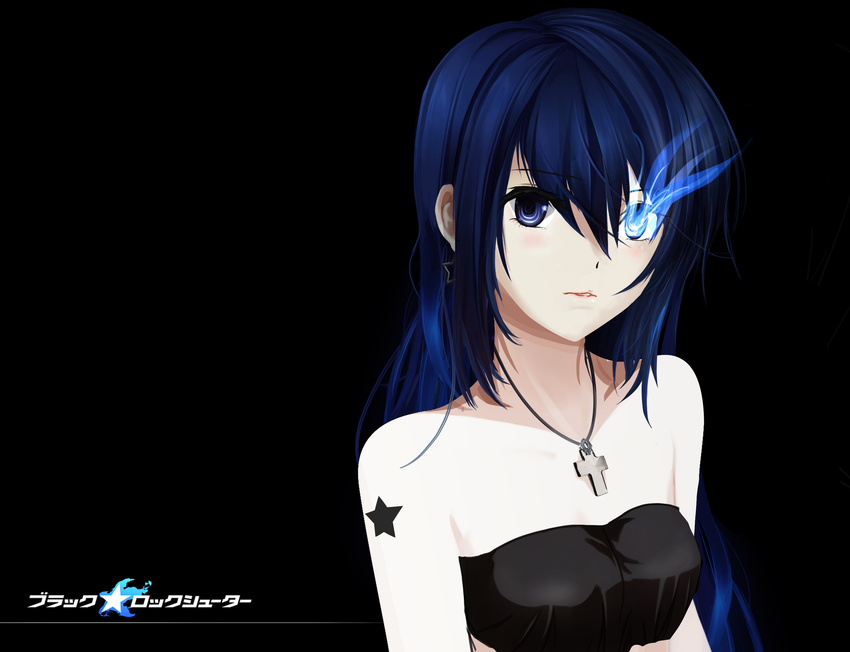 black_rock_shooter black_rock_shooter_(character) blue_eyes blue_hair burning_eye cross dark highres jewelry long_hair necklace simple_background solo star tattoo ushas