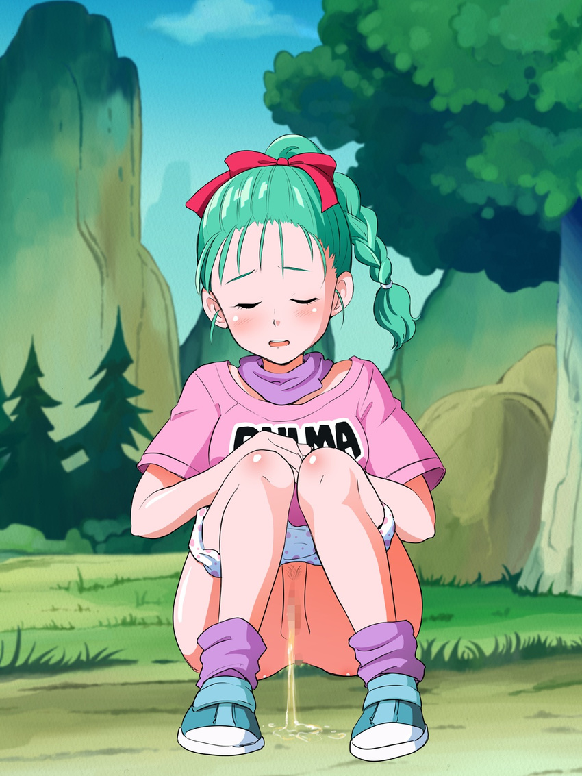 blush bulma bulma_briefs censored dragon_ball dragonball_z erodon_hearts eyes_closed highres open_mouth panties panty_pull peeing squatting underwear