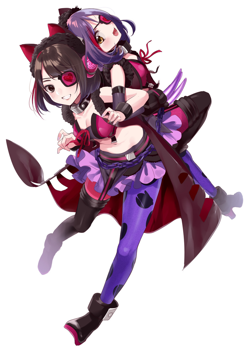 animal_ears asai_ayaka bangs black_gloves black_hair breasts carrying cat_ears coat elbow_gloves eyepatch fake_animal_ears fang full_body fur_collar fur_trim gloves grin hayasaka_mirei heart heart_print highres idolmaster idolmaster_cinderella_girls locked_arms looking_at_viewer medium_breasts mismatched_footwear mismatched_legwear misumi_(macaroni) multicolored_hair multiple_girls navel open_clothes open_coat open_mouth pantyhose parted_lips pink_legwear purple_hair purple_legwear purple_skirt real_life seiyuu sidelocks simple_background single_thighhigh skirt smile streaked_hair teeth thighhighs white_background