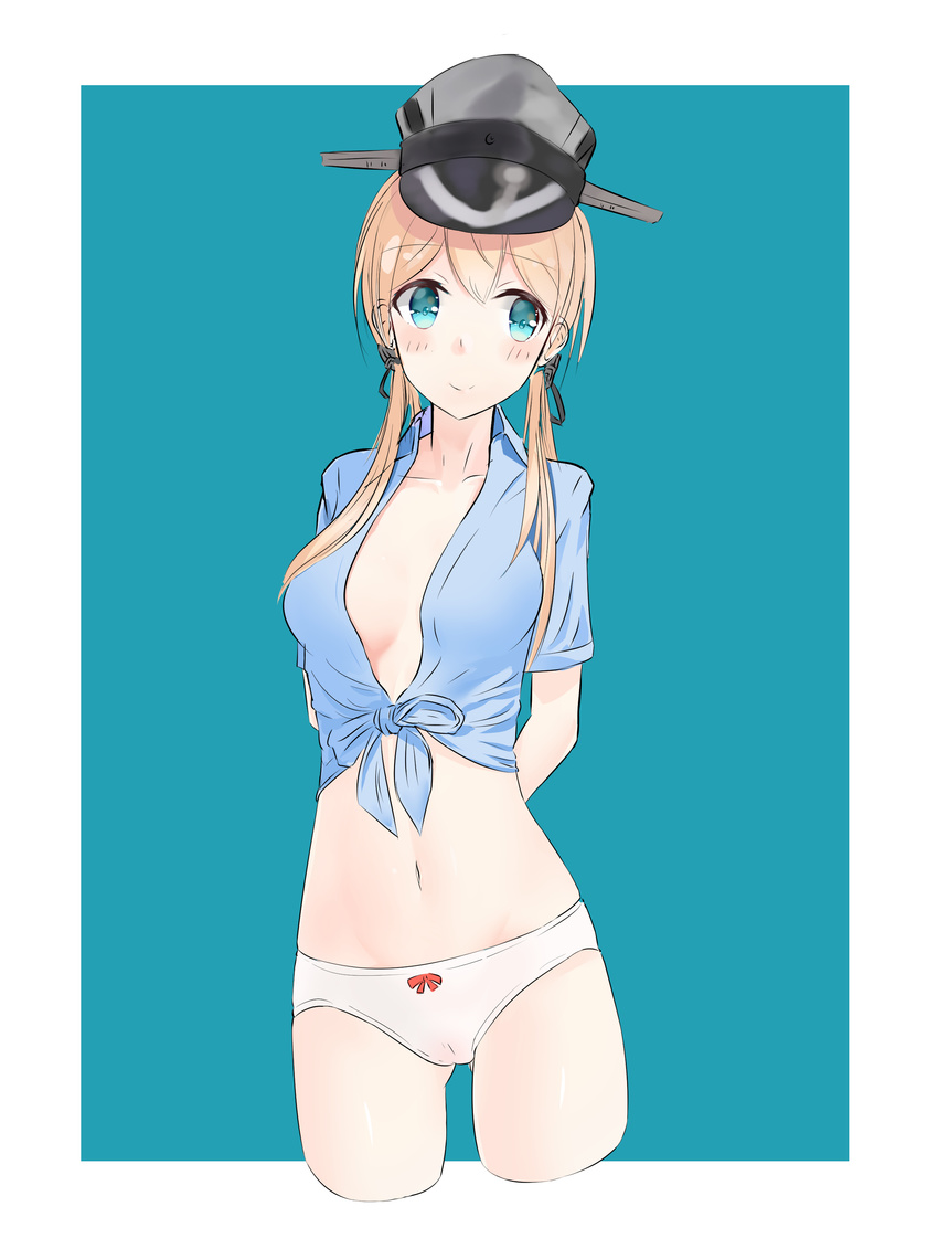 absurdres aqua_eyes arms_behind_back ass_visible_through_thighs black_ribbon blonde_hair blue_shirt blush bow bow_panties breasts cameltoe cleavage collarbone cropped_legs dabaizhao eyebrows_visible_through_hair front-tie_top grey_hat hair_between_eyes hair_ribbon highres kantai_collection long_hair looking_at_viewer looking_away medium_breasts midriff navel no_bra open_clothes open_shirt panties prinz_eugen_(kantai_collection) red_ribbon ribbon shirt sketch solo standing stomach tied_shirt twintails underwear white_background white_panties