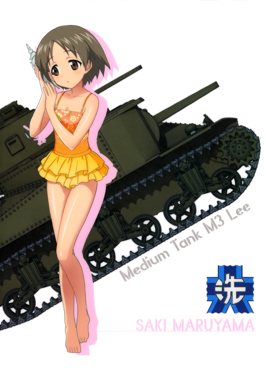 absurdres barefoot bikini breasts brown_eyes brown_hair bunny casual_one-piece_swimsuit caterpillar_tracks character_name cleavage collarbone emblem frilled_bikini frills full_body girls_und_panzer ground_vehicle highres looking_away m3_lee maruyama_saki military military_vehicle motor_vehicle one-piece_swimsuit ooarai_(emblem) orange_swimsuit seashell shell shell_to_ear shiny shiny_skin short_hair simple_background small_breasts solo standing swimsuit tank white_background