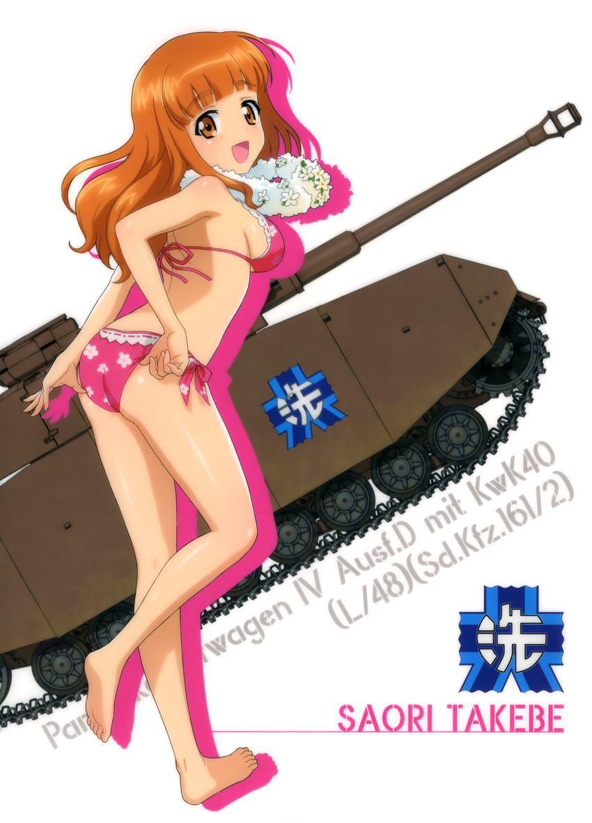 :d absurdres adjusting_clothes adjusting_swimsuit ass barefoot bikini breasts brown_eyes caterpillar_tracks character_name emblem error eyebrows_visible_through_hair from_behind full_body girls_und_panzer ground_vehicle highres leg_up long_hair looking_at_viewer looking_back medium_breasts military military_vehicle motor_vehicle ooarai_(emblem) open_mouth orange_hair panzerkampfwagen_iv red_bikini shiny shiny_skin sideboob simple_background smile solo swimsuit takebe_saori tank underboob white_background wrong_feet