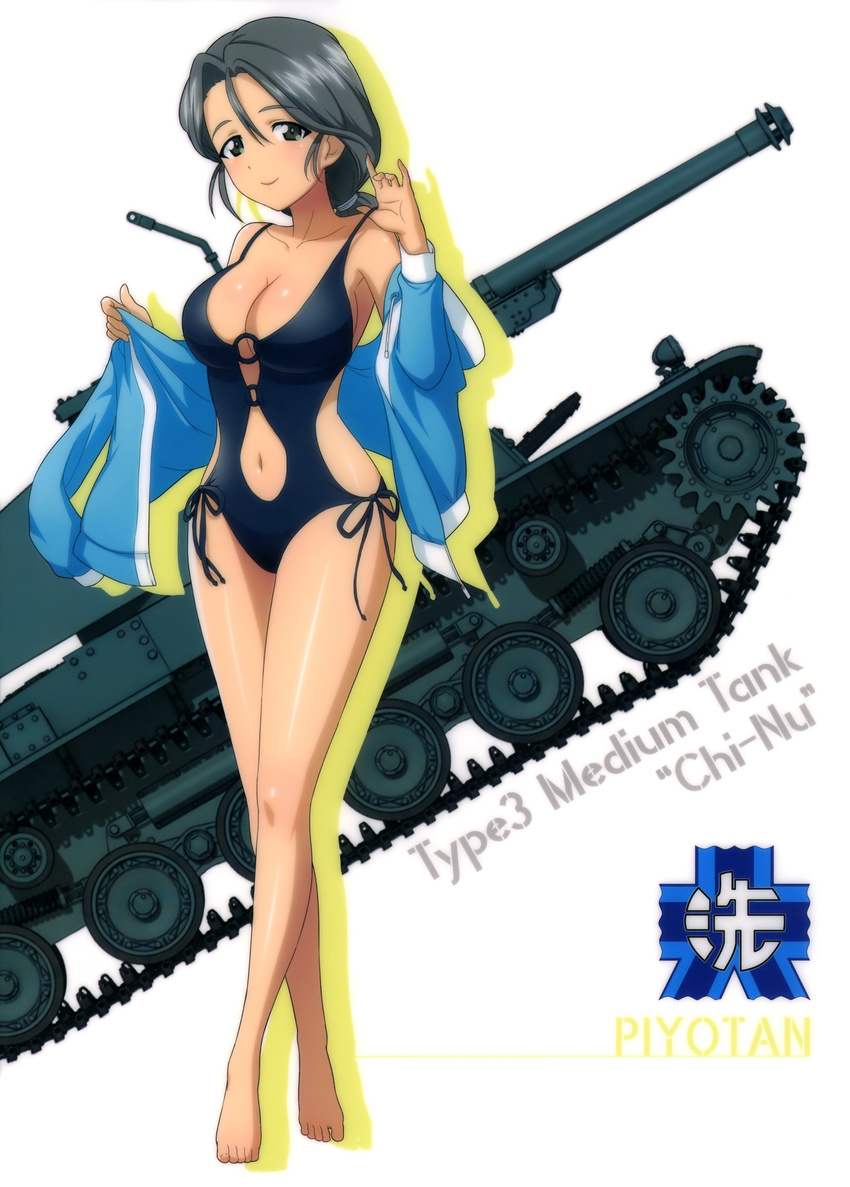 absurdres bare_shoulders black_eyes black_hair blue_sweater breasts cardigan casual_one-piece_swimsuit caterpillar_tracks character_name cleavage emblem full_body girls_und_panzer ground_vehicle hair_between_eyes hair_ornament highres large_breasts long_hair looking_at_viewer military military_vehicle motor_vehicle navel one-piece_swimsuit ooarai_(emblem) open_cardigan open_clothes piyotan shiny shiny_skin side-tie_swimsuit sideboob simple_background smile solo standing sweater swimsuit tank type_3_chi-nu white_background