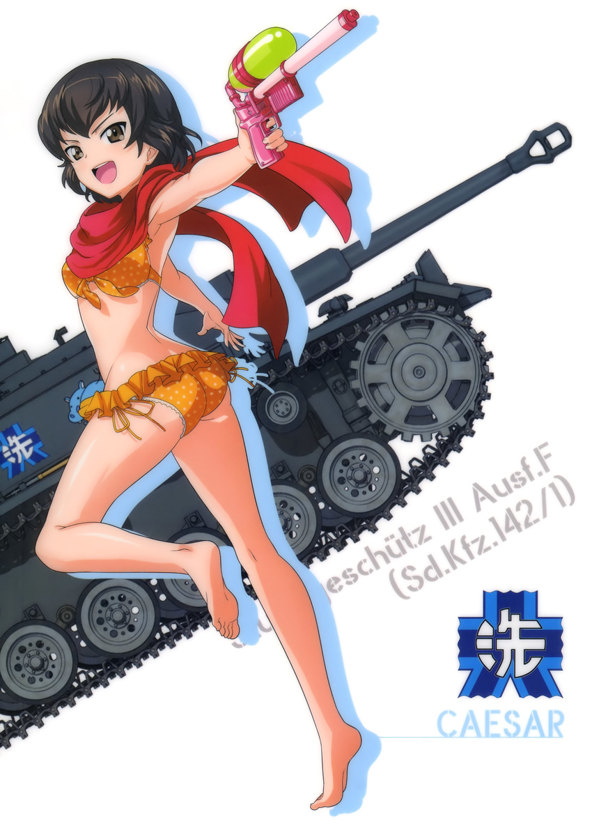 :d absurdres armpits ass barefoot bikini black_eyes black_hair caesar_(girls_und_panzer) caterpillar_tracks character_name emblem from_side girls_und_panzer ground_vehicle gun highres hippopotamus holding holding_gun holding_weapon leg_up military military_vehicle motor_vehicle ooarai_(emblem) open_mouth orange_bikini outstretched_arm polka_dot polka_dot_bikini red_scarf scarf shiny shiny_skin short_hair simple_background smile solo sturmgeschutz_iii swimsuit tank water_gun weapon white_background