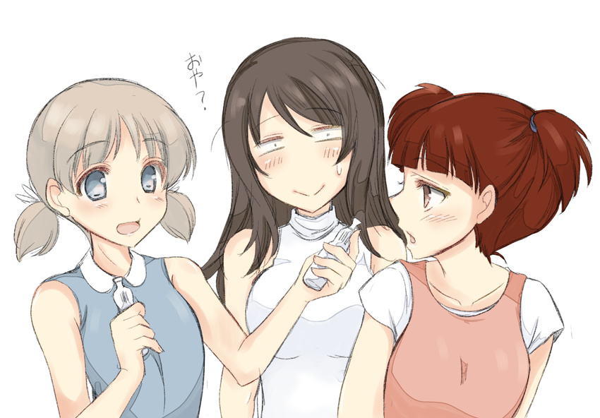 :&gt; =_= abenattou aki_(girls_und_panzer) alternate_eye_color blue_dress blue_eyes blush brown_eyes brown_hair casual closed_mouth constricted_pupils dress eyebrows_visible_through_hair food food_request girls_und_panzer hair_tie halterneck holding holding_food light_brown_hair long_hair mika_(girls_und_panzer) mikko_(girls_und_panzer) multiple_girls open_mouth parted_lips pink_dress portrait red_eyes red_hair short_hair short_sleeves short_twintails simple_background sleeveless sleeveless_dress smile standing sweatdrop translated twintails white_background white_dress