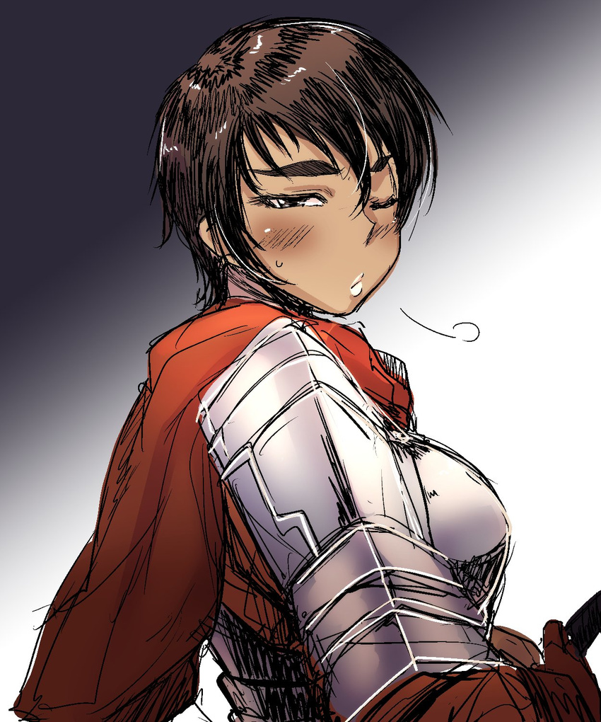 =3 armor bakuya berserk blush breastplate brown_hair casca cloak dark_skin gloves gradient gradient_background highres hilt lips looking_at_viewer one_eye_closed shoulder_pads solo thick_eyebrows upper_body