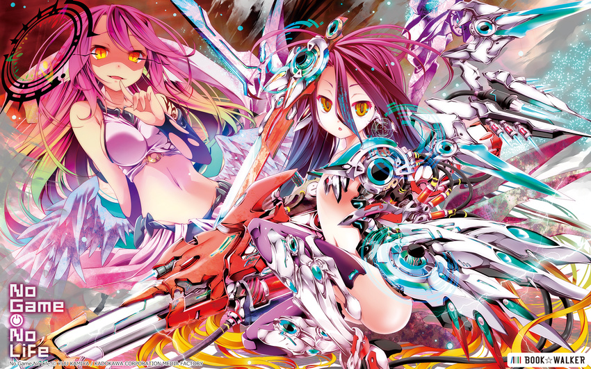 ass breasts cleavage flat_chest halo highres jibril_(no_game_no_life) kamiya_yuu looking_at_viewer mecha_musume mechanical_parts mechanical_wings multicolored multicolored_hair multiple_girls navel no_game_no_life official_art open_mouth pink_hair shuvi_(no_game_no_life) watermark wings yellow_eyes