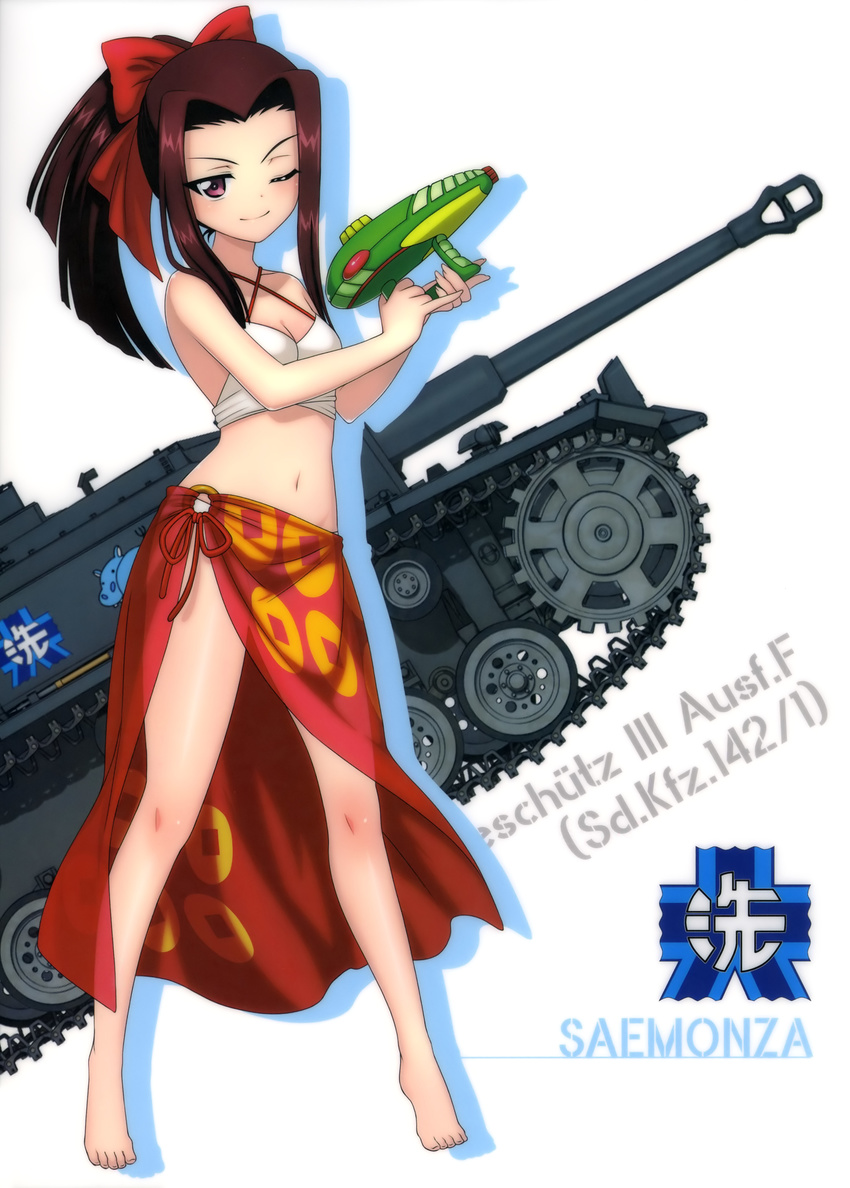 ;) absurdres barefoot bikini bow breasts brown_eyes brown_hair caterpillar_tracks cleavage closed_mouth collarbone emblem full_body girls_und_panzer ground_vehicle gun hair_bow high_ponytail highres hippopotamus holding holding_gun holding_weapon long_hair looking_at_viewer military military_vehicle motor_vehicle navel one_eye_closed ooarai_(emblem) red_bow saemonza sarong see-through simple_background small_breasts smile solo standing sturmgeschutz_iii swimsuit tank water_gun weapon white_background white_bikini