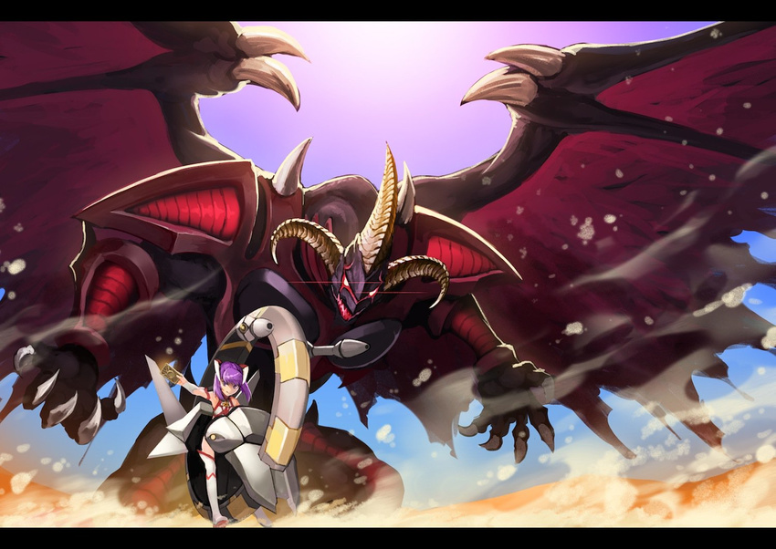 crossover dragon duel_monster fate/grand_order fate_(series) helena_blavatsky_(fate/grand_order) helena_blavatsky_(swimsuit_archer)_(fate) horns monowheel nkmr8 parody purple_hair red_dragon_archfiend short_hair solo ticket vehicle yuu-gi-ou yuu-gi-ou_5d's