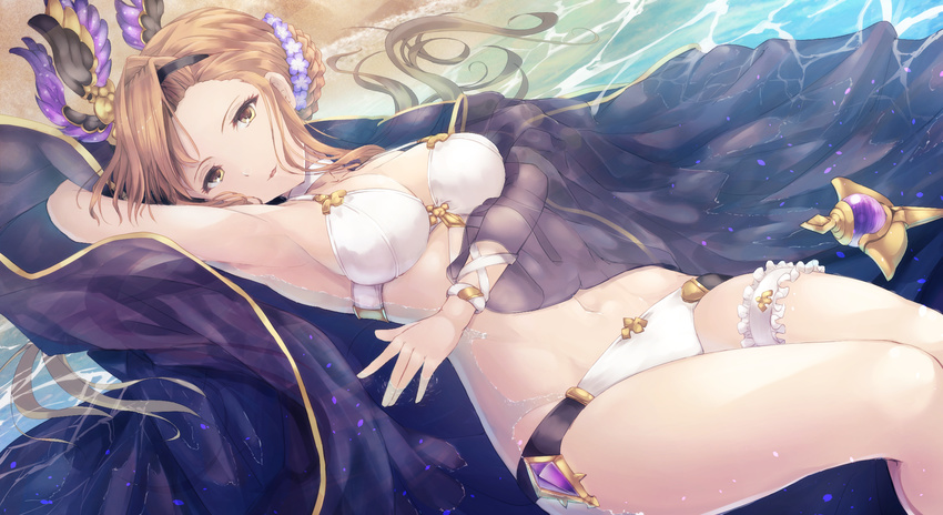 alternate_costume armpits bangs beach bikini braid brown_hair choker closed_mouth coffee1223 flower frills gathers granblue_fantasy hair_bun hair_flower hair_ornament hairband hand_behind_head highres navel sand shawl solo song_(granblue_fantasy) swimsuit thigh_strap tied_hair water wet white_bikini yellow_eyes