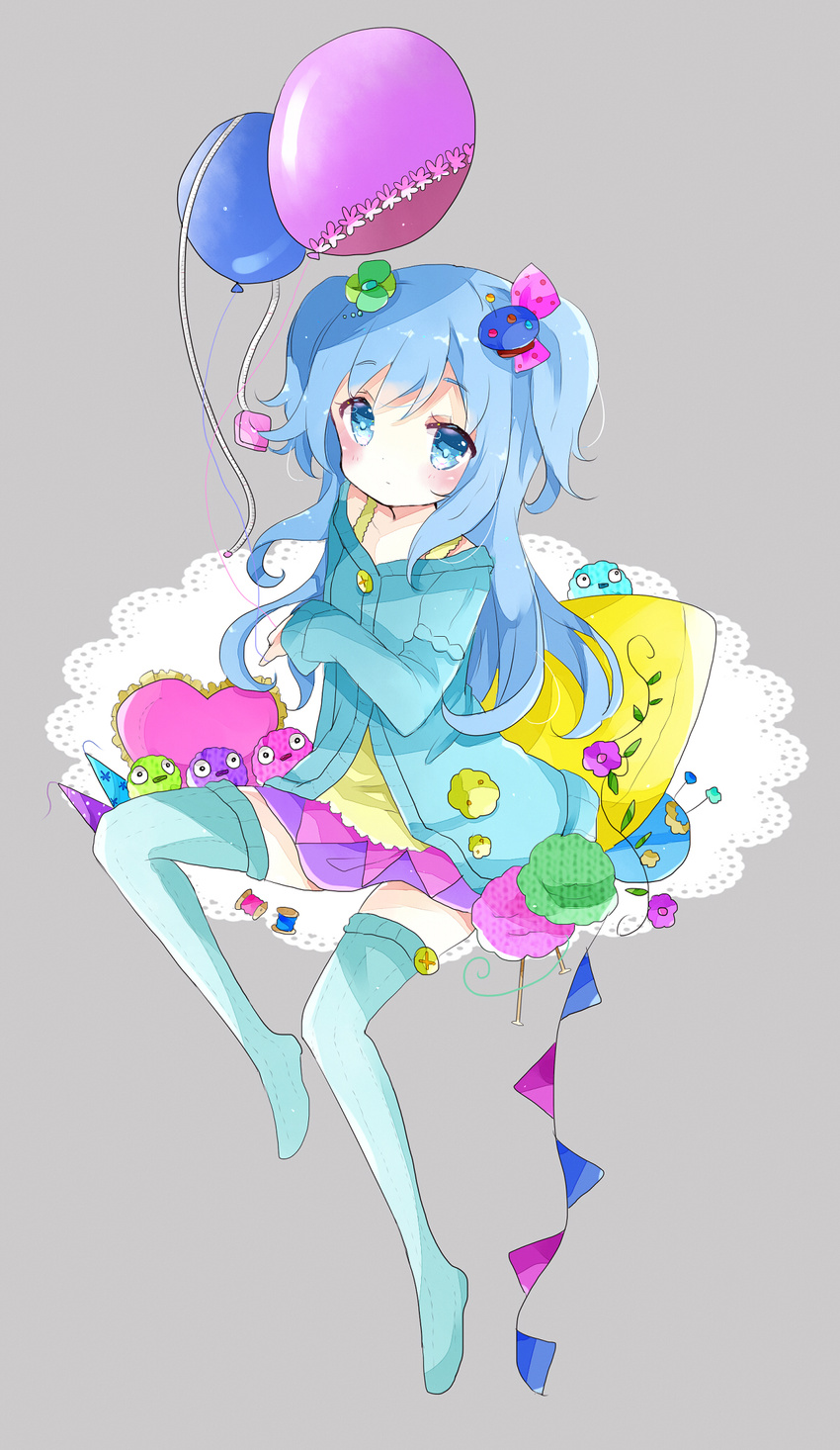 arm_support balloon blue_eyes blue_hair blue_legwear blue_sweater blush camisole doily eyebrows_visible_through_hair flower frills full_body grey_background hair_ornament hair_ribbon heart highres holding holding_balloon knitting_needle long_hair long_sleeves looking_at_viewer needle no_shoes off-shoulder_sweater original pennant pink_ribbon polka_dot_ribbon purple_skirt ribbon sitting skirt solo spool string_of_flags sweater tape_measure thighhighs tsukiyo_(skymint) two_side_up yarn yarn_ball