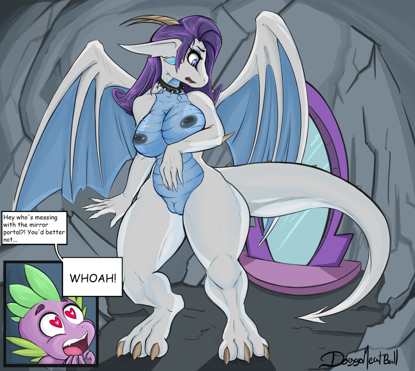 &lt;3 &lt;3_eyes 2017 3_toes alternate_species anthro areola blue_eyes breasts claws dialogue digital_drawing_(artwork) digital_media_(artwork) doggomeatball dragon duo english_text eyeshadow female friendship_is_magic hair hi_res horn long_hair makeup my_little_pony nipples open_mouth purple_hair pussy rarity_(mlp) spike_(mlp) spike_collar text toe_claws toes wings