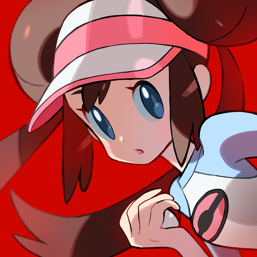 :o absurdres blue_eyes brown_hair double_bun face highres long_hair looking_at_viewer mei_(pokemon) open_mouth poke_ball poke_ball_(generic) pokemon pokemon_(game) pokemon_bw2 red_background shirt simple_background solo tokiya twintails visor_cap