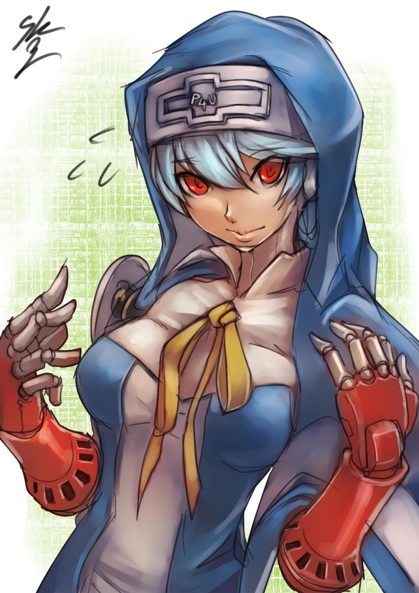 android arc_system_works blue_hair breasts bridget_(guilty_gear) bridget_(guilty_gear)_(cosplay) closed_mouth commentary_request company_connection cosplay flying_sweatdrops guilty_gear habit highres hood labrys looking_at_viewer nun persona persona_4:_the_ultimate_in_mayonaka_arena red_eyes small_breasts smile solo sowel_(sk3) upper_body
