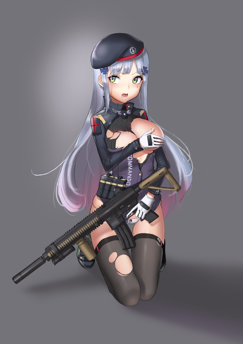 absurdres assault_rifle bangs beret black_background black_hat black_legwear blunt_bangs blush bow bow_panties breasts covering covering_breasts eun_bari facial_mark full_body girls_frontline gloves gradient_hair green_eyes gun hair_ornament hat heckler_&amp;_koch highres hk416 hk416_(girls_frontline) holding holding_gun holding_weapon large_breasts long_hair looking_away machine_gun multicolored_hair no_pants one_breast_out panties pink_hair red_bow rifle seiza shirt silver_hair sitting solo thighhighs torn_clothes torn_legwear torn_shirt trigger_discipline underwear very_long_hair wavy_mouth weapon white_gloves white_panties