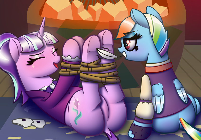 bdsm bondage bound clothing equine feathers featureless_crotch female female/female friendship_is_magic horn horse laugh lying mammal my_little_pony pegasus pony rainbow_dash_(mlp) rope sitting starlight_glimmer_(mlp) t.f.a.n.c.s. tickling unicorn wings