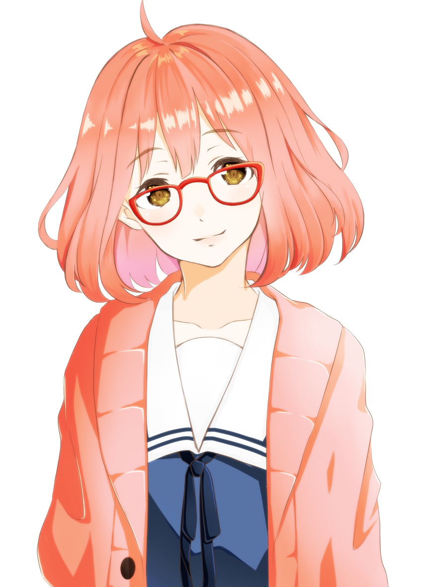 blush brown_eyes glasses kuriyama_mirai kyoukai_no_kanata pink_hair seifuku short_hair