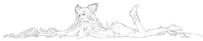 1girl alternate_costume alternate_hair_color alternate_hairstyle bare_shoulders belt bow bowtie elbow_gloves fingerless_gloves gloves hair_ornament jinx_(league_of_legends) league_of_legends long_hair lying lying_on_stomach magical_girl on_stomach short_shorts shorts solo star_guardian_jinx thighhighs tied_hair twintails very_long_hair