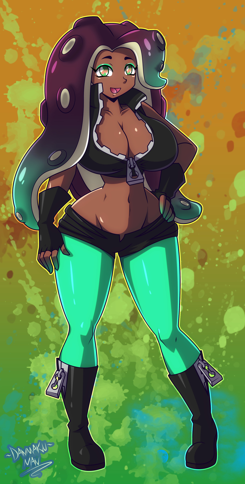 2017 absurd_res big_breasts breasts cephalopod cleavage clothed clothing danmakuman female fingerless_gloves gloves hi_res humanoid looking_at_viewer marina_(splatoon) marine midriff navel nintendo not_furry octoling open_mouth open_smile smile solo splatoon tentacle_hair tentacles video_games