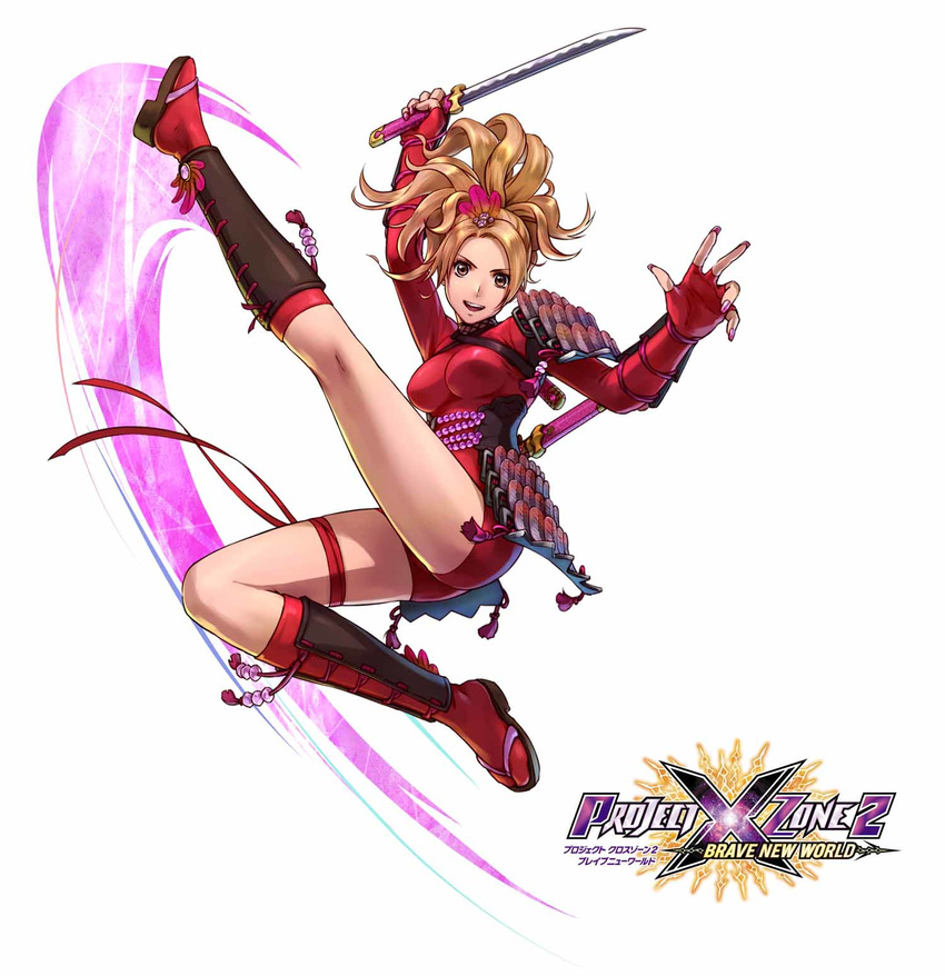 :d arm_up bodysuit breasts breasts_apart brown_eyes brown_hair copyright_name feathers fingerless_gloves floating_hair full_body gloves hair_feathers highres holding holding_sword holding_weapon kneehighs long_hair looking_at_viewer medium_breasts nail_polish natsu_(soulcalibur) official_art open_mouth ponytail project_x_zone project_x_zone_2 purple_nails red_feathers red_gloves red_legwear red_ribbon ribbon simple_background smile solo soulcalibur soulcalibur_v sword thigh_ribbon weapon white_background