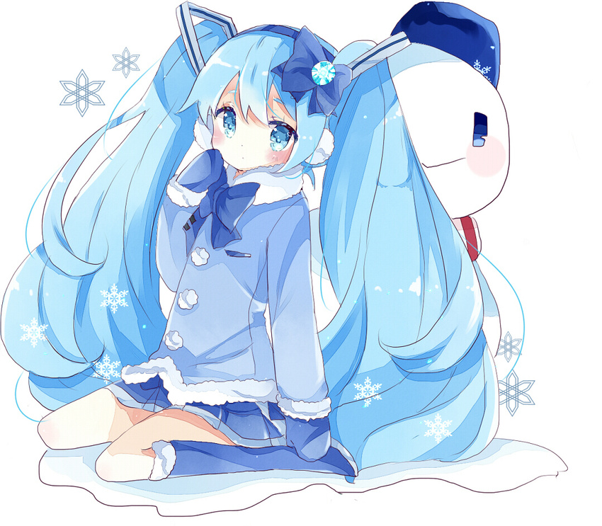 big_hair blue_bow blue_coat blue_eyes blue_footwear blue_hair blue_mittens blue_skirt blush boots bow coat crystal earmuffs full_body fur-trimmed_boots fur-trimmed_coat fur_trim hair_between_eyes hair_bow hairband hand_on_own_face hatsune_miku knee_boots long_hair long_sleeves looking_at_viewer mittens pleated_skirt scarf sitting skirt snowflakes snowman solo tsukiyo_(skymint) twintails very_long_hair vocaloid wariza white_background winter_clothes winter_coat yuki_miku