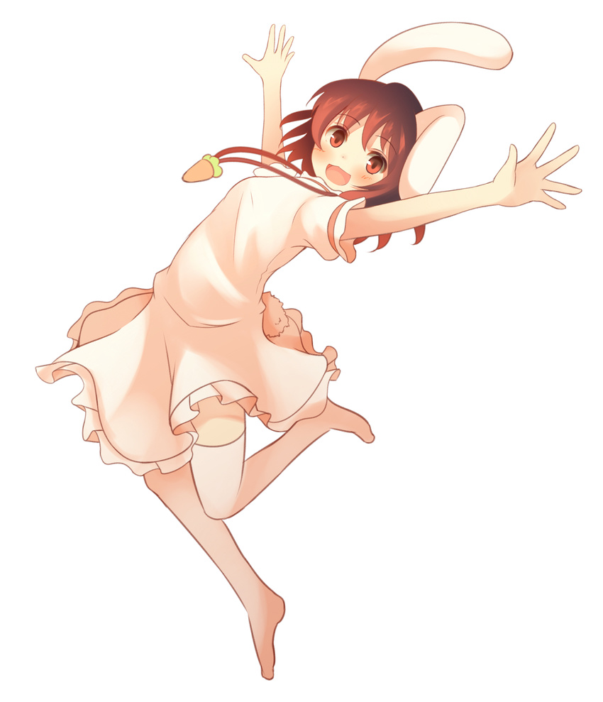 :d \o/ animal_ears arms_up blush brown_hair bunny_ears bunny_tail carrot carrot_necklace commentary_request dress eyebrows_visible_through_hair highres inaba_tewi jewelry jumping leg_up looking_at_viewer necklace open_mouth outstretched_arms outstretched_hand pink_dress pink_legwear red_eyes shiro_1213 short_hair short_sleeves simple_background smile solo tail thighhighs touhou white_background