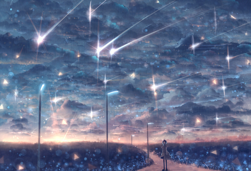 ahoge black_hair cloud cloudy_sky commentary_request grass lamppost original road sakimori_(hououbds) scenery shooting_star short_hair skirt sky solo standing sunrise