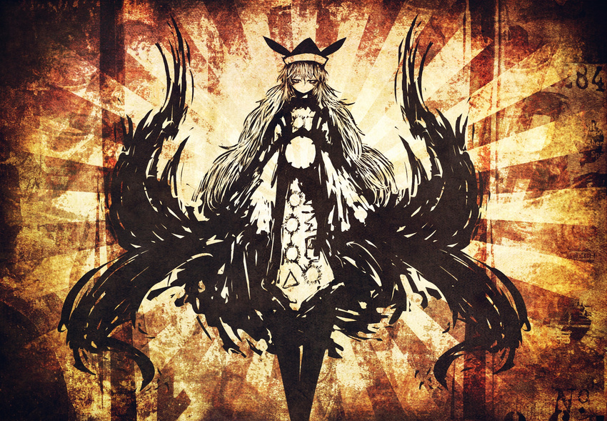 bad_id bad_pixiv_id energy frown hat highres lekaten long_hair long_sleeves looking_at_viewer matara_okina messy_hair mirror monochrome orange_background sleeves_past_wrists solo standing sunburst tabard tail touhou triangle very_long_hair wide_sleeves